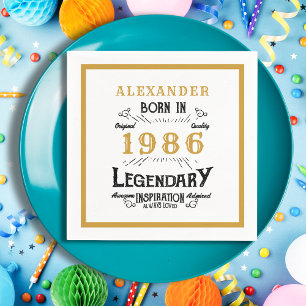 Servilleta De Papel Cumpleaños 40 Nacido en 1986 Leyenda de Oro Blanco