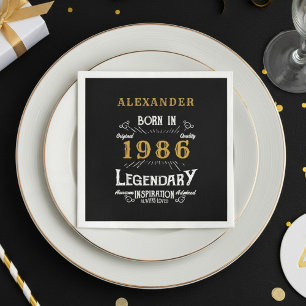 Servilleta De Papel Cumpleaños 40 Nació en 1986 Negro Oro Retro Vintag