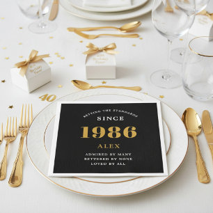 Servilleta De Papel Cumpleaños 40 Nombre 1986 Elegante Chic Negro Oro
