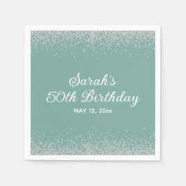 Servilleta De Papel Cumpleaños 50 Aqua Mint Plata Glitter Diamante