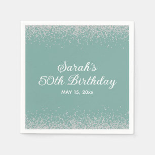 Servilleta De Papel Cumpleaños 50 Aqua Mint Plata Glitter Diamante