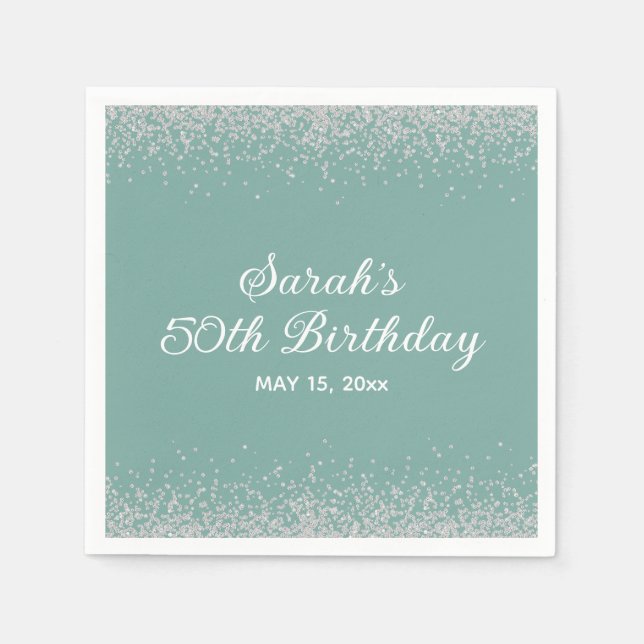 Servilleta De Papel Cumpleaños 50 Aqua Mint Plata Glitter Diamante (Anverso)