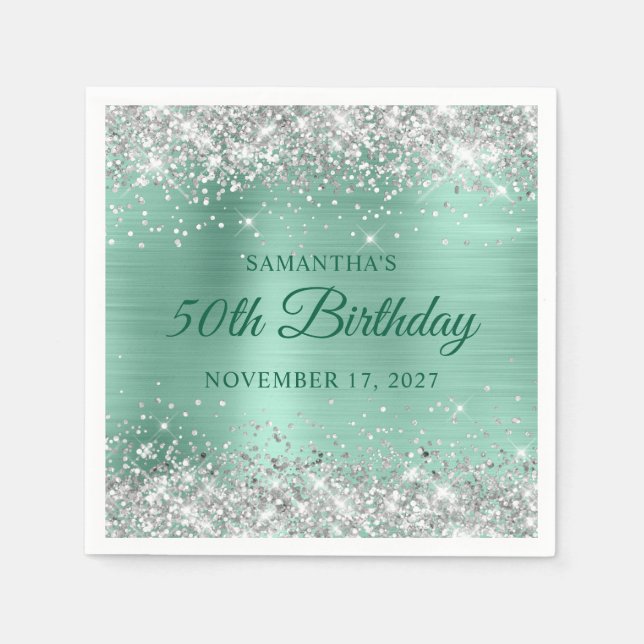 Servilleta De Papel Cumpleaños 50 Brillante Plateado Glitter Light Tea (Anverso)