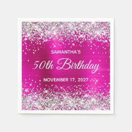 Servilleta De Papel Cumpleaños 50 con Purpurina Plateada y Foil Rosa C