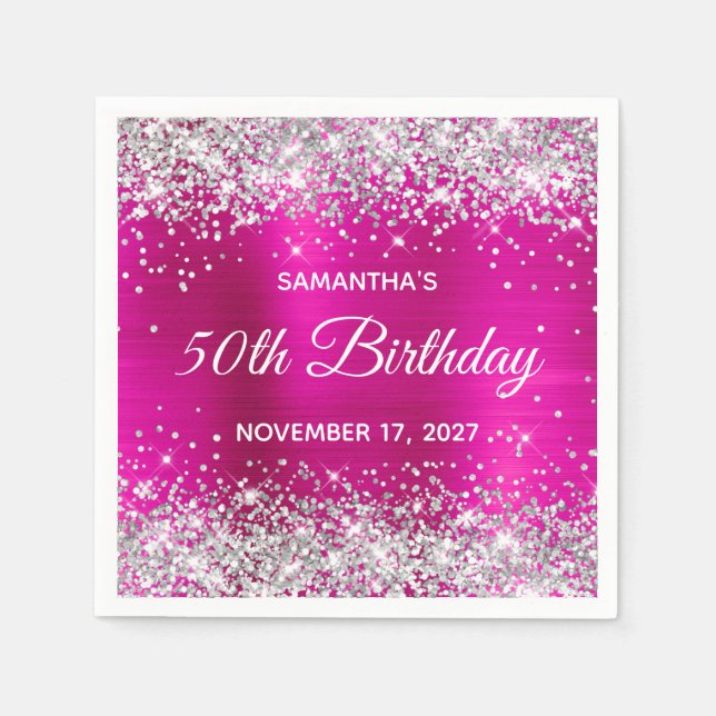 Servilleta De Papel Cumpleaños 50 con Purpurina Plateada y Foil Rosa C (Anverso)