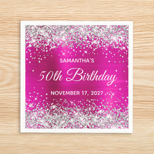 Servilleta De Papel Cumpleaños 50 con Purpurina Plateada y Foil Rosa C