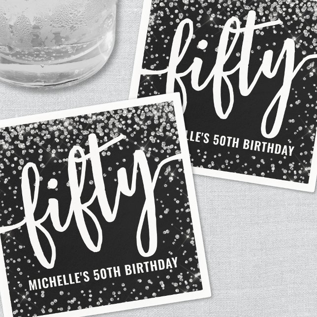 Servilleta De Papel Cumpleaños 50 de Brillo Negro (Black Glitter 50th Birthday Napkins )