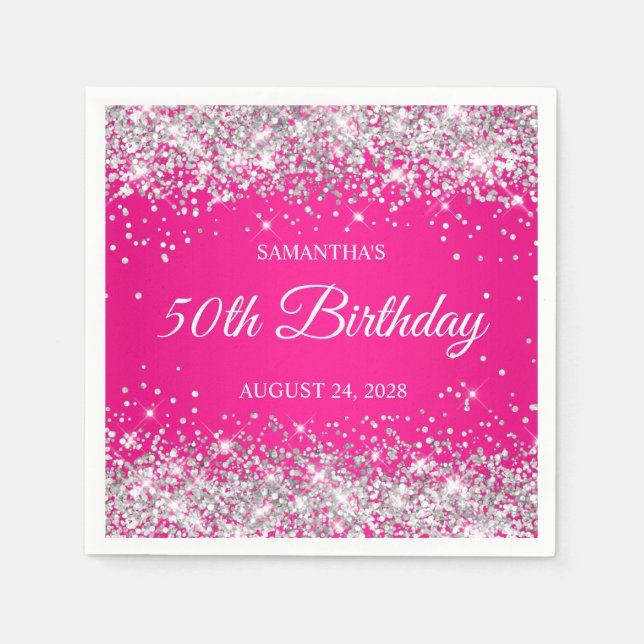 Servilleta De Papel Cumpleaños 50 de Brillo Plateado y Rosa Caliente (Anverso)