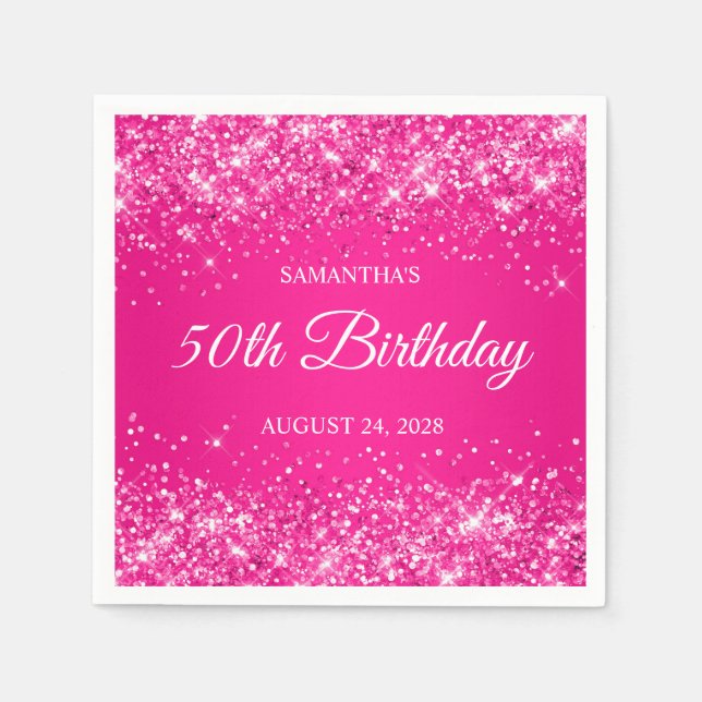 Servilleta De Papel Cumpleaños 50 Glittery Rosa Brillante (Anverso)