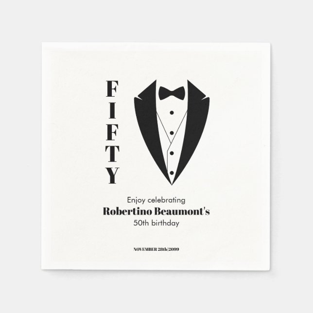 Servilleta De Papel Cumpleaños 50 Moderno Simple Tuxedo Negro Blanco (Anverso)