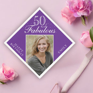 Servilleta De Papel Cumpleaños 50 Morado y Fabuloso Foto Elegante 50 C