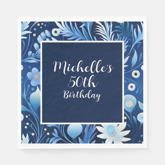 Servilleta De Papel Cumpleaños 50 Navy Dusty Blue Floral (Anverso)