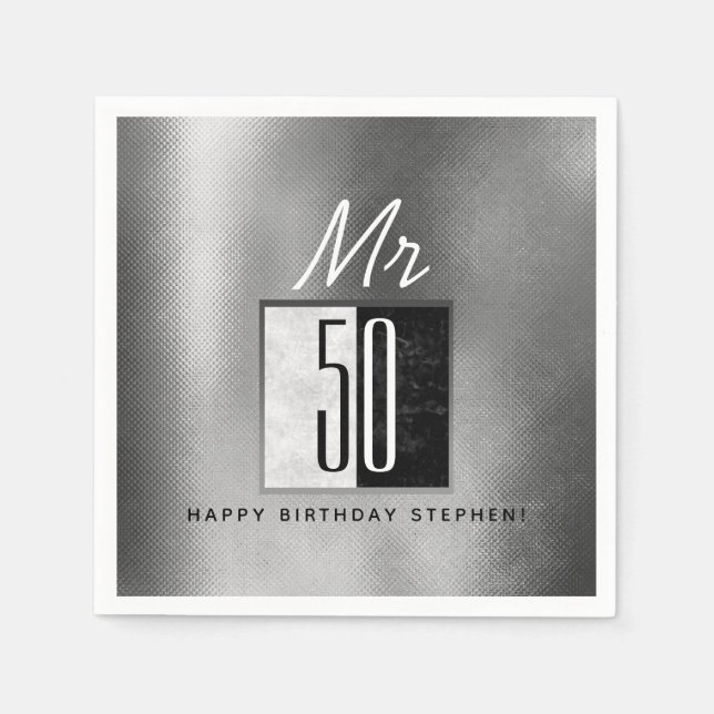 Servilleta De Papel Cumpleaños 50 negro y plata (Anverso)