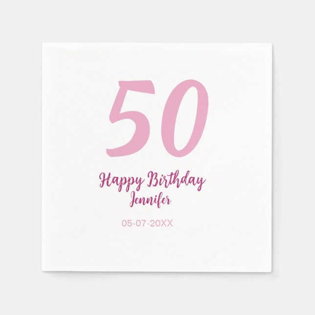 Servilleta De Papel cumpleaños 50 nombre fecha año rosa rojo negrita (Anverso)