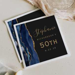 Servilleta De Papel Cumpleaños 50 oscuro Navy Blue Agate Gold Script