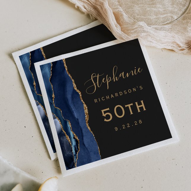 Servilleta De Papel Cumpleaños 50 oscuro Navy Blue Agate Gold Script (Subido por el creador)