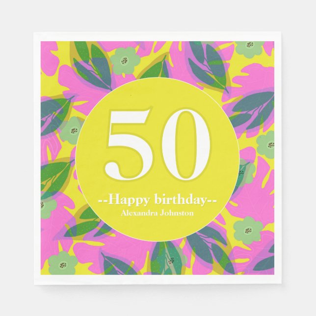 Servilleta De Papel cumpleaños 50 tropical amarillo colorido  (Anverso)
