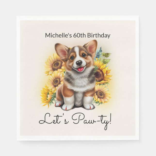 Servilleta De Papel Cumpleaños 60 de Corgi adorable con girasoles (Anverso)