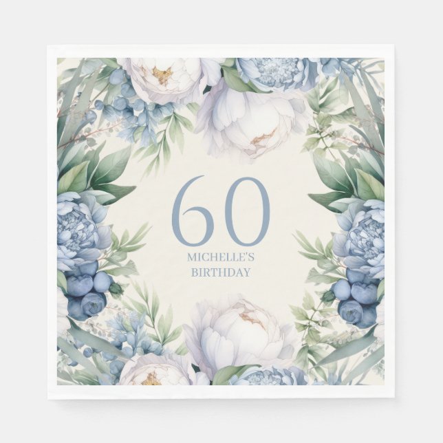 Servilleta De Papel Cumpleaños 60 de Flor Blanca Azul Polvoriento (Anverso)