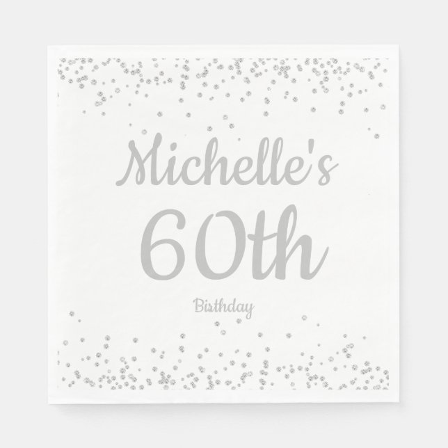 Servilleta De Papel Cumpleaños 60 de Mujer Brillo Plateado Blanco (Anverso)