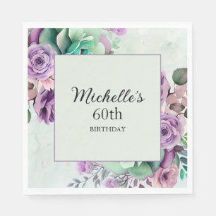 Servilleta De Papel Cumpleaños 60 Elegante Floral Morado Verde Menta