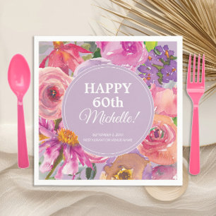 Servilleta De Papel Cumpleaños 60 en Floral Acuarela Rosa Purpura