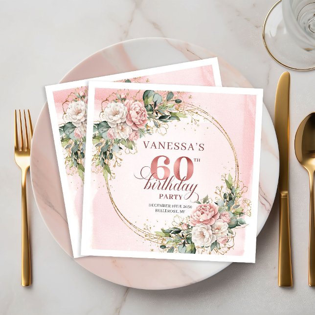 Servilleta De Papel Cumpleaños 60 Stylish Boho Rosa Dorado Eucalipto (Stylish Boho Rose Gold Eucalyptus 60th Birthday Napkins)