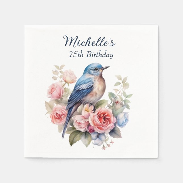Servilleta De Papel Cumpleaños 75 Blue Bird Pink Flowers (Anverso)
