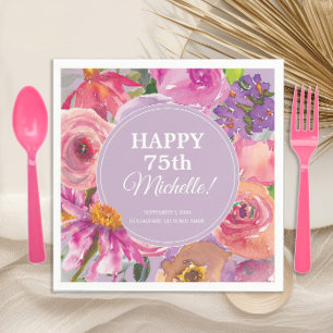 Servilleta De Papel Cumpleaños 75 Floral Acuarela Rosa Púrpura