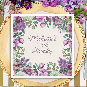 Servilleta De Papel Cumpleaños 75 Floral Acuarela Verde Menta Morado