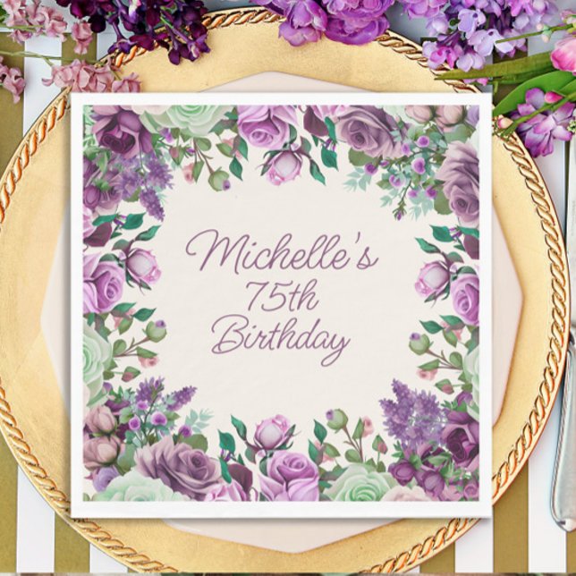 Servilleta De Papel Cumpleaños 75 Floral Acuarela Verde Menta Morado (Purple floral birthday party paper napkins)