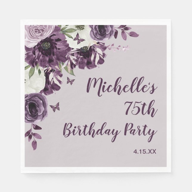 Servilleta De Papel Cumpleaños 75 Morado Flores Blancas Mariposas (Anverso)