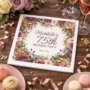 Servilleta De Papel Cumpleaños 75 Verde Hojas Florales Purpura