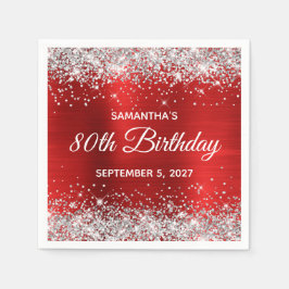 Servilleta De Papel Cumpleaños 80 Brillante Plata Rojo Foil