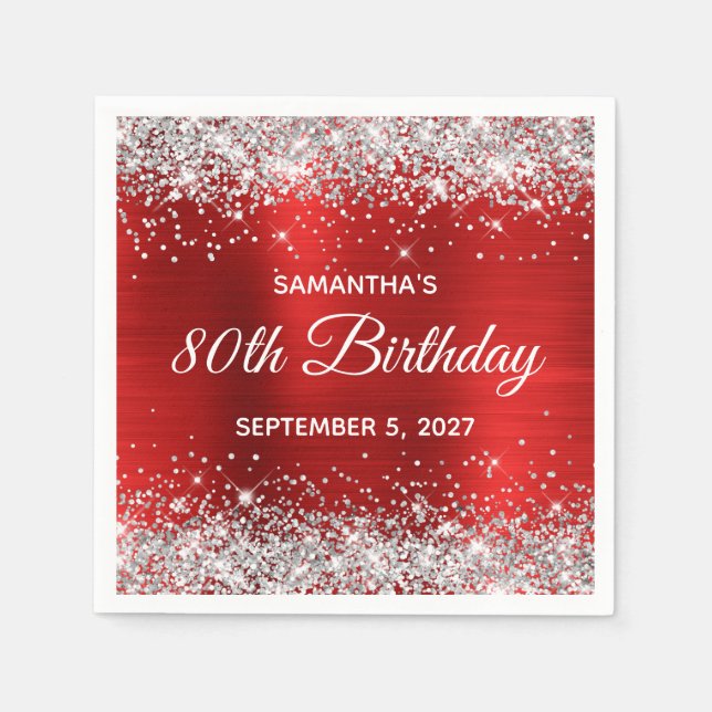 Servilleta De Papel Cumpleaños 80 Brillante Plata Rojo Foil (Anverso)