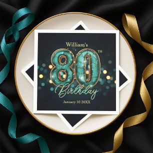 Servilleta De Papel Cumpleaños 80 Brillante Turquesa y Dorado