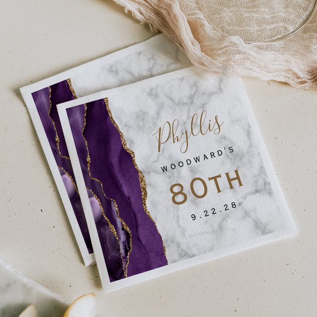 Servilleta De Papel Cumpleaños 80 Purple Agate Marble Gold Script (Subido por el creador)
