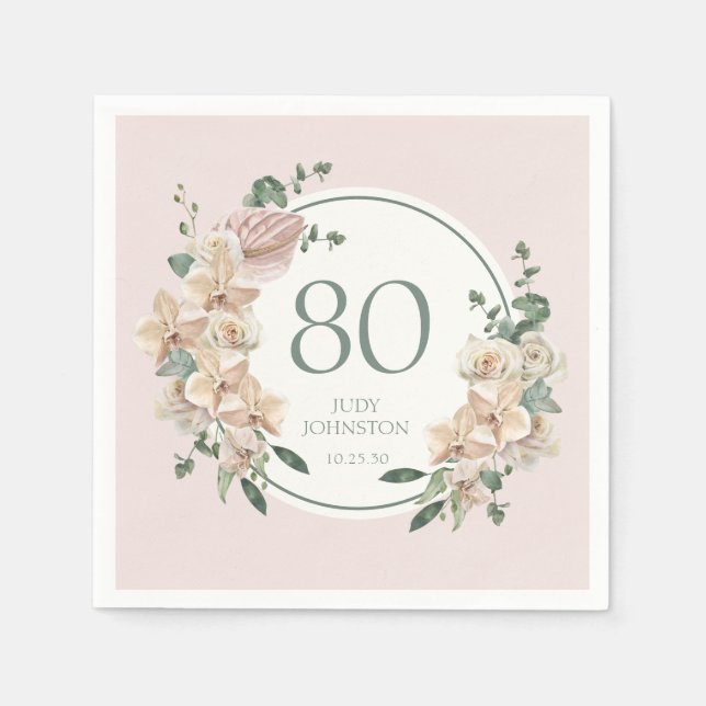 Servilleta De Papel Cumpleaños 80 Tropical Floral (Anverso)