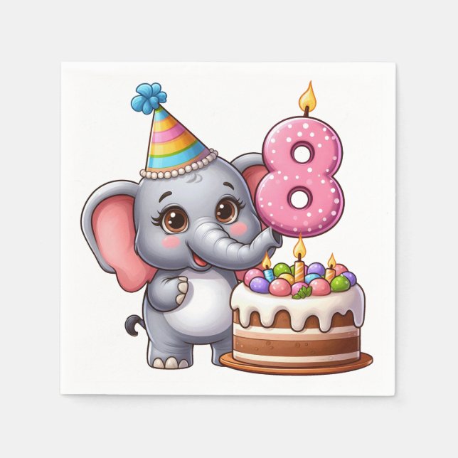 Servilleta De Papel Cumpleaños 8 de elefante lindo (Anverso)