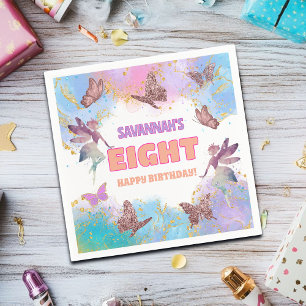 Servilleta De Papel Cumpleaños 8 Mariposas Hada Dorado Brillo Fiesta