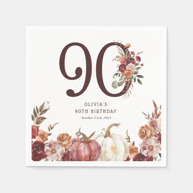 Servilleta De Papel Cumpleaños 90 Boho Pumpkin Autumn Bloom (Anverso)
