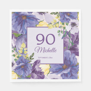 Servilleta De Papel Cumpleaños 90 de Floral Acuarela Amarillo Purpura
