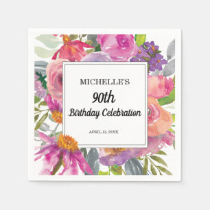 Servilleta De Papel Cumpleaños 90 de mujer con flores rosadas y morada