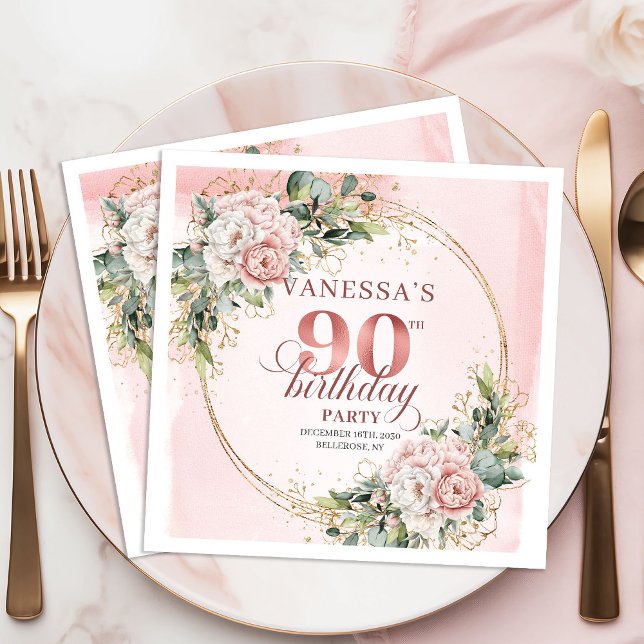 Servilleta De Papel Cumpleaños 90 Dusty Pink Greenery Floral   (Dusty Pink Greenery Floral 90th Birthday Party Napkins)