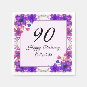 Servilleta De Papel Cumpleaños 90 Elegante Floral Púrpura