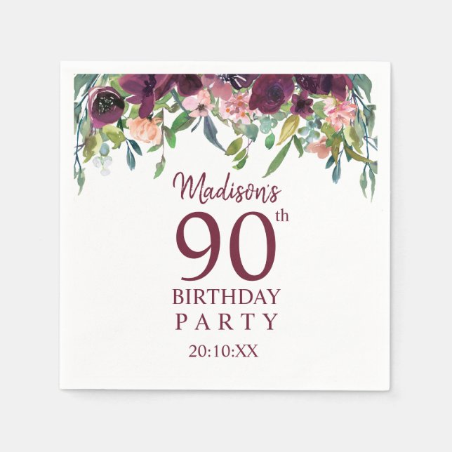Servilleta De Papel Cumpleaños 90 | Fiesta floral de Borgoña Marsala (Anverso)