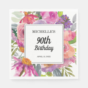 Servilleta De Papel Cumpleaños 90 Floral Acuarela Rosa Púrpura