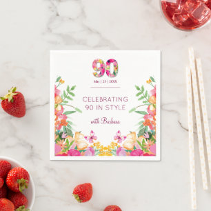 Servilleta De Papel Cumpleaños 90 Flores con Estilo Fiesta Elegante