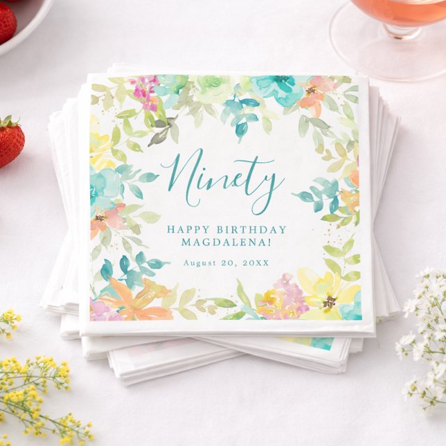 Servilleta De Papel Cumpleaños 90 personalizado con flores acuarela de (Subido por el creador)