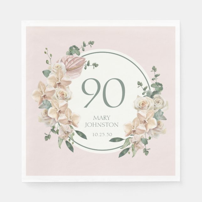 Servilleta De Papel Cumpleaños 90 Tropical Floral (Anverso)